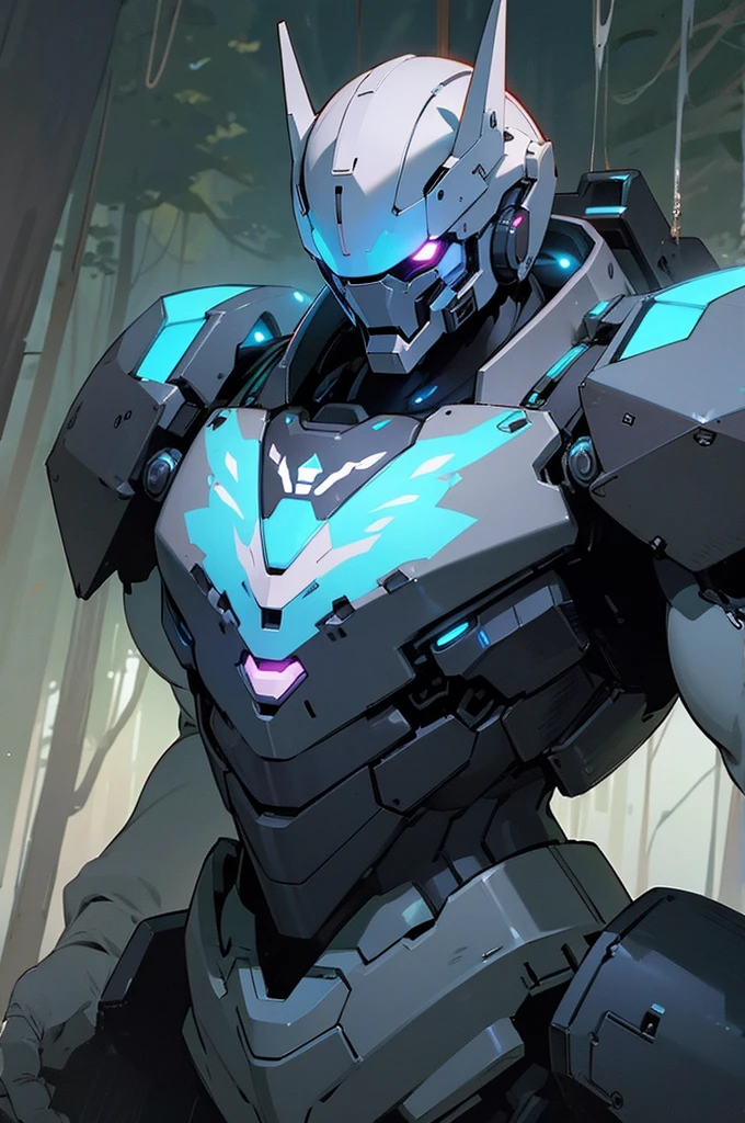 (best quality, masterpiece), machine, mech, dark body, white energy, bulky, humanoid, muscular, glowing chest, old, fancy, ominous, deadly, forest background