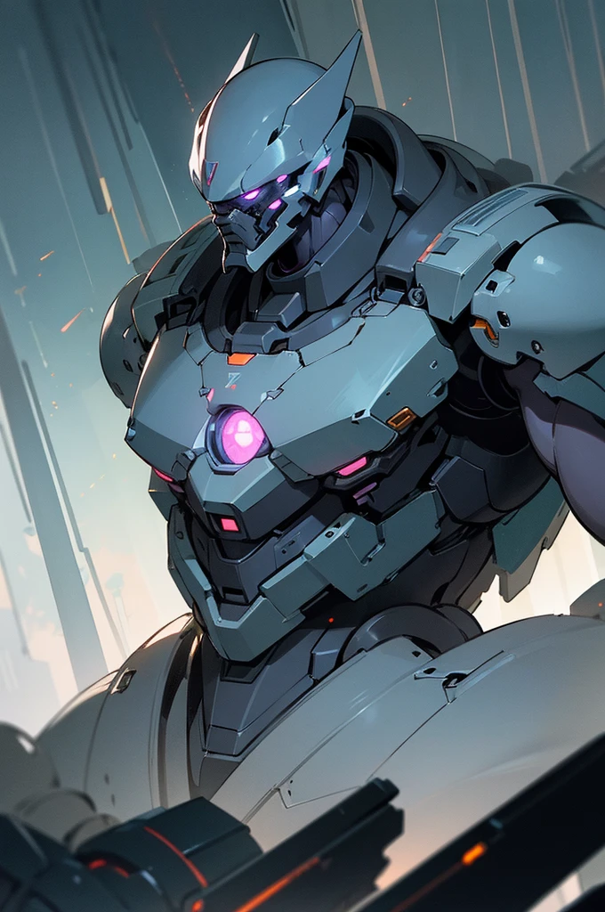 (best quality, masterpiece), machine, mech, dark body, white energy, bulky, humanoid, muscular, glowing chest, old, fancy, ominous, deadly, forest background