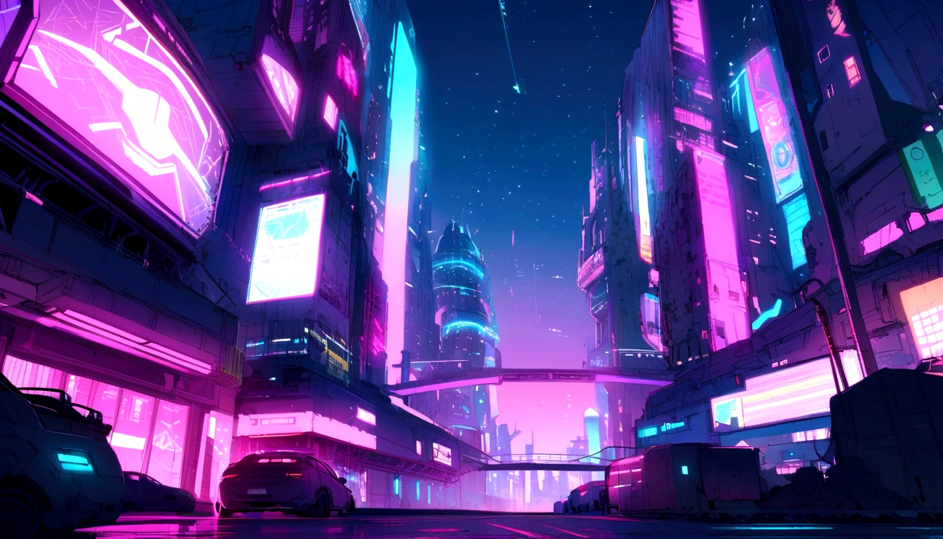 (Raw work) Cyberpunk-inspired city, Illuminated sky, Neon Light, Image seen from zero, Wide landscape, Future City