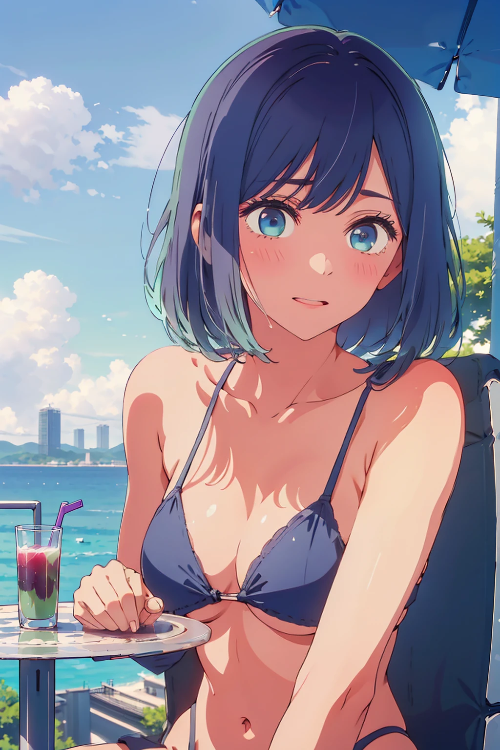 (Highest quality:1.4、8K:1.4、detailed)、F cup 、、Slim body、Very white beautiful skin、((((1 person、Surprised expression、sit、Chair、In the background are the urban buildings of Tokyo、looking at the camera、Outdoor café terrace、coastal、Navy hair color、juice、Shooting up close、table、Very cute face))))、(Pose of putting hair behind ears with hands:1.4）、((、))、bikini、Very blue sky、A completely cloudless sky