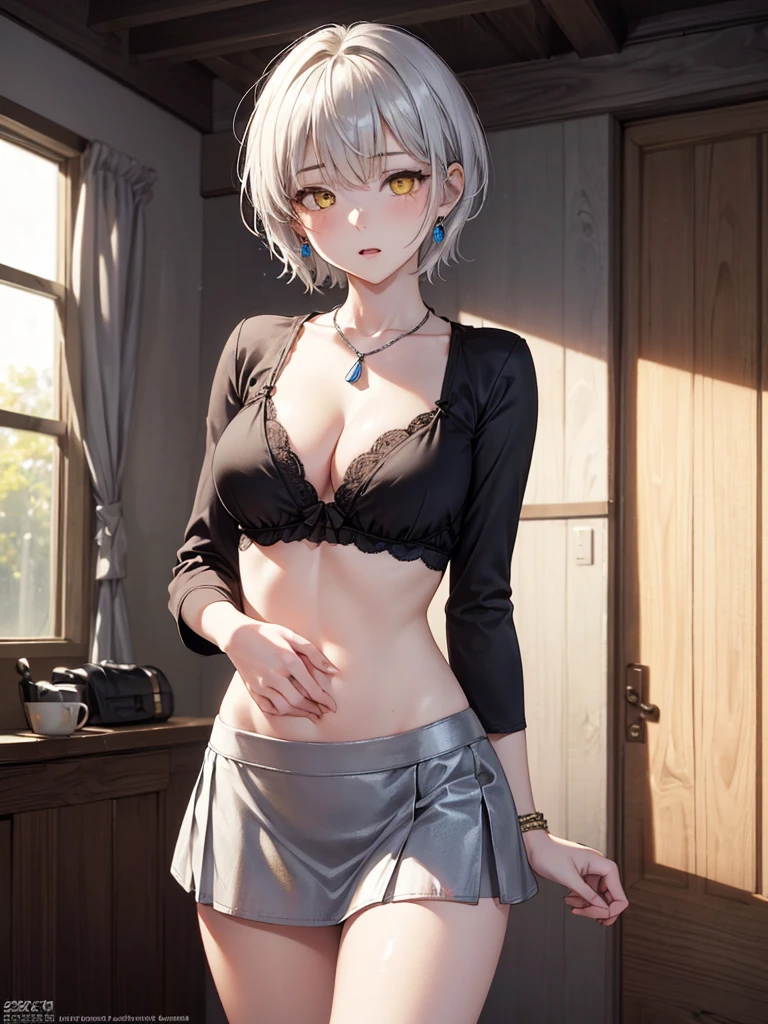 Highest quality 8K resolution,masterpiece, Exquisite detail, Realistic, Realistic, Soft tones,Color Palette, Alone, (25 year old girl:1.6),(Small eyes,Yellow Eyes:1.5), (Short Hair:1.5), Shiny silver hair,Asymmetrical bangs,(No bra), (No sleeve,mini skirt:1.5),(Simple underwear),Beautiful proportions,Open your mouth,(Shiny white skin),Very beautiful detailed eyes, (Big breasts,Cleavage:1.3), necklace,Earrings,accessories,Cowboy Shot, Are standing, indoor,7 lifespan,(low length),Sulky look