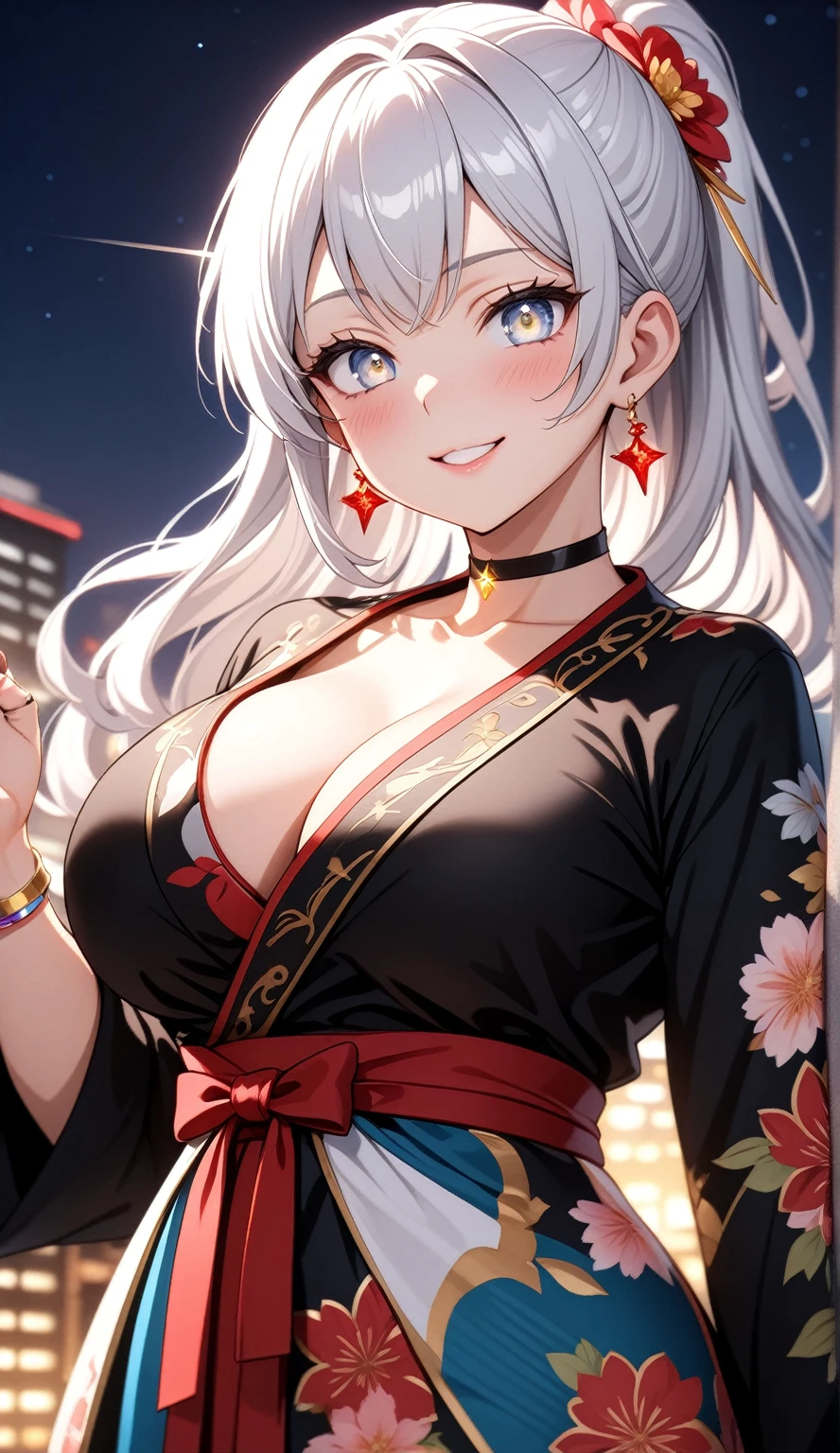 ((One personの女性)), Beautiful Face, (head tilt:1.3), ((laugh)),((Wink:1.9)),((Touch your lips)), Laugh with your mouth wide open,((Bright red cheeks:1.4)),Shiny red lips,night,rooftop,You can see the ocean, firework,Laughing with your mouth open,Glossy pink lips,Facial lighting,((Anime style background)),masterpiece, Highest quality, so beautiful,up to date, Complex details, (Pink long nails),(ring),(bracelet),(choker),AI-generated, Complex,High resolution, Highest quality, super high quality,3D Images、3D Images,One person,Long white hair,High Ponytail,(blue eyes),Anime woman posing for a photo, ((Narrow eyes、Silvery white colorful eyes、Shining Eyes:1.3)),(Squint your eyes:1.1),a hyperRealistic , hyperRealistic , Realistic,Anime woman with long white hair, Smooth anime CG art, A woman in a colorful kimono with gold embroidery, (Black long sleeve kimono),Red floral pattern,Long flower hair ornament,Earrings,Mature Body,(Big Breasts:1.1),expensive,Abdominal muscles,Tight waist,(Zoom up to face:1.7),Shooting from diagonally below