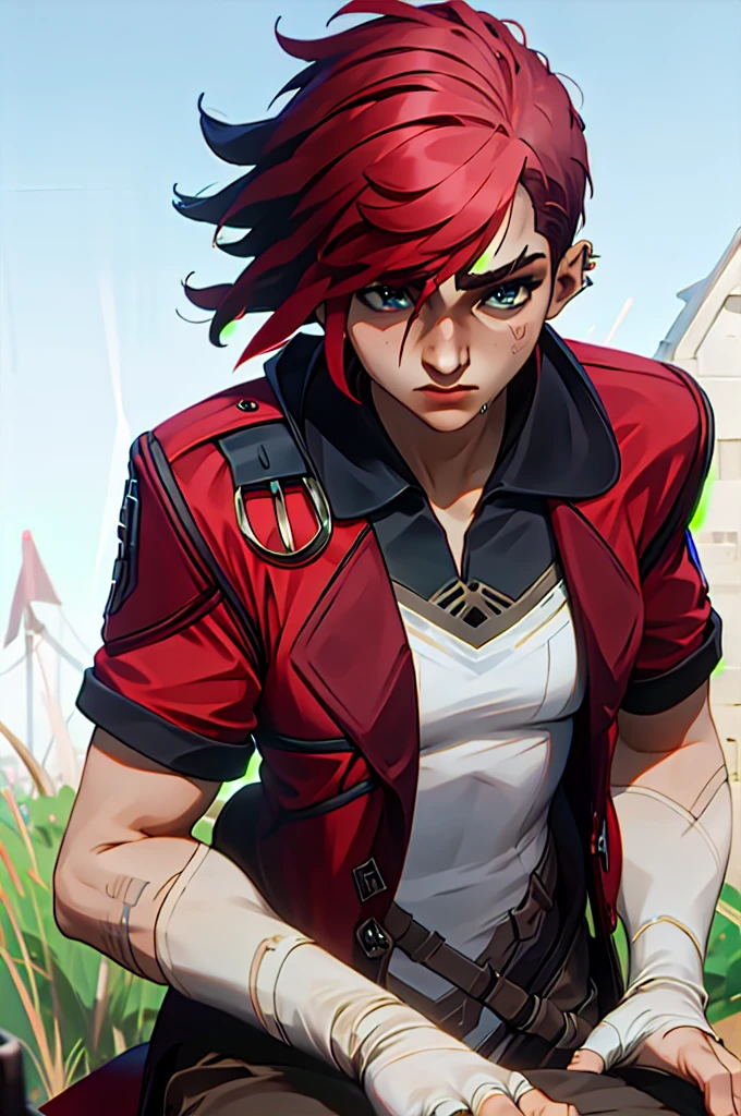 best quality, masterpiece, 4k, v1101,  red jacket,