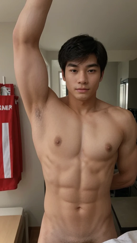 Muscular  Korean boy, stocky showing mid body 