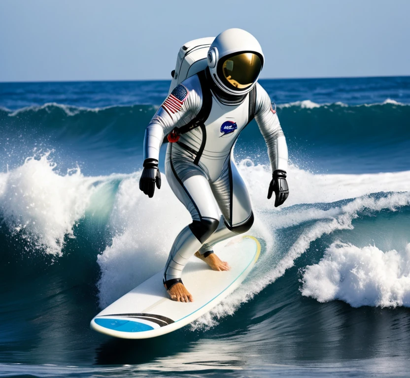 Spaceman surfing, catching a wave, surfing, wearing spacesuit, on the water, surfboard