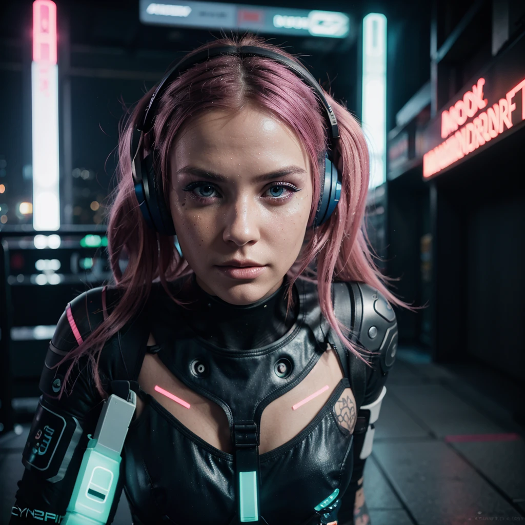 techno Rave girl wearing Neon Clothing, Tron led lights of multiple neon tube light clothing. wearing DJ Headset, Cool Cyber Synth sunglasses, best quality, 8k,highest resolution,masterpiece:1.2,ultra-detailed,realistic:1.37,physically-based rendering,professional,vivid colors,studio lighting,sharp focus,bokeh,portraits,photography, Designer de imagem "Cyberpunk & Realistic". Futuristic depiction of a perfectly tattooed woman with high-tech mechanical prosthetics, long messy pink hair, and headphones. full body portrait of cyberpunk dystopian female warrior, wearing a futuristic clear mask, detailed face and eyes, gorgeous, freckles, tough penetrating gaze, mechanical bodysuit with glowing neon wires, wielding a futuristic phosphorescent weapon, neon lighting, looking at viewer, digital photography, dof, sharp focus,