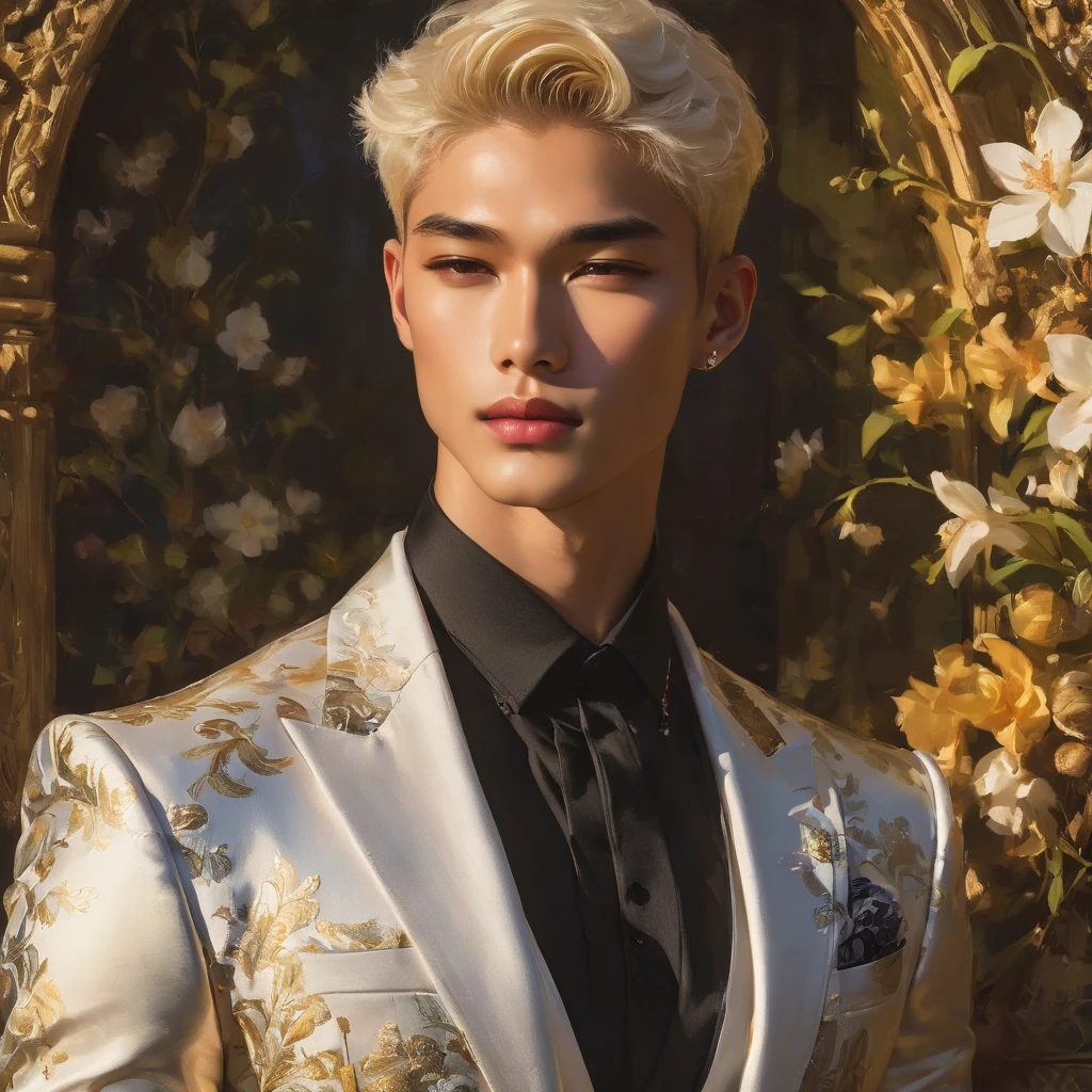 Candid Vogue fashion editorial shot of mixed of Thai male supermodel, 22 year old, short platinum blonde hair, masculine appearance with slender physique, symmetric face, natural olive skin tone, exudes youthfulness and athleticism, he is very photogenic, Position against an ornate dark background featuring a framed floral painting wallpaper to add depth and richness to the scene, (He wears a luxurious white and rainbow patterned suit whit short pants), semi hard bulge, expression is serene and slightly introspective, with a soft confident gaze directed slightly off-camera, Utilize natural soft lighting streaming in from a window, casting gentle highlights and shadows that accentuate the contours of his face and the texture of his outfits, The light creates a warm intimate atmosphere with a golden tone that enhances his skin, The interplay of light and shadow adds depth and dimension to the scene, slightly blurred focus background, bringing into sharp clear detail while the rich tones of the background enhance the overall opulence of the image. Capture full-body short, dynamic angle, using a Canon EOS R7 and Sigma AF 85mm F1.4 EX DG HSM lens by Thomas Synnamon, Employ a shallow depth of field to focus on his face and body, Draw inspiration from high-fashion photographer, emphasize detail, texture and a sophisticated luxurious atmosphere, Emphasize the golden warm lighting and its effect on enhancing his features and the rich textures, creating a visually captivating and elegant portrait that exudes warmth and sophistication, The overall mood blend the classical elegance of the modern, high-fashion aesthetic, producing an image that feels both timeless and contemporary, raw photo, masterpiece, best quality, Correct body structure, Correct photo distance, LGBTQ,