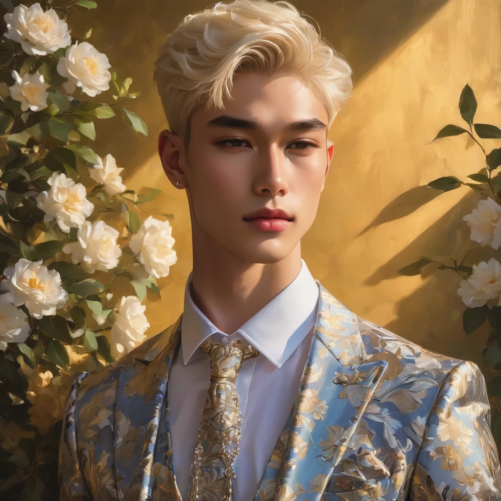 Candid Vogue fashion editorial shot of mixed of Thai male supermodel, 22 year old, short platinum blonde hair, masculine appearance with slender physique, symmetric face, natural olive skin tone, exudes youthfulness and athleticism, he is very photogenic, Position against an ornate dark background featuring a framed floral painting wallpaper to add depth and richness to the scene, (He wears a luxurious white and rainbow patterned suit whit short pants), semi hard bulge, expression is serene and slightly introspective, with a soft confident gaze directed slightly off-camera, Utilize natural soft lighting streaming in from a window, casting gentle highlights and shadows that accentuate the contours of his face and the texture of his outfits, The light creates a warm intimate atmosphere with a golden tone that enhances his skin, The interplay of light and shadow adds depth and dimension to the scene, slightly blurred focus background, bringing into sharp clear detail while the rich tones of the background enhance the overall opulence of the image. Capture full-body short, dynamic angle, using a Canon EOS R7 and Sigma AF 85mm F1.4 EX DG HSM lens by Thomas Synnamon, Employ a shallow depth of field to focus on his face and body, Draw inspiration from high-fashion photographer, emphasize detail, texture and a sophisticated luxurious atmosphere, Emphasize the golden warm lighting and its effect on enhancing his features and the rich textures, creating a visually captivating and elegant portrait that exudes warmth and sophistication, The overall mood blend the classical elegance of the modern, high-fashion aesthetic, producing an image that feels both timeless and contemporary, raw photo, masterpiece, best quality, Correct body structure, Correct photo distance, LGBTQ,