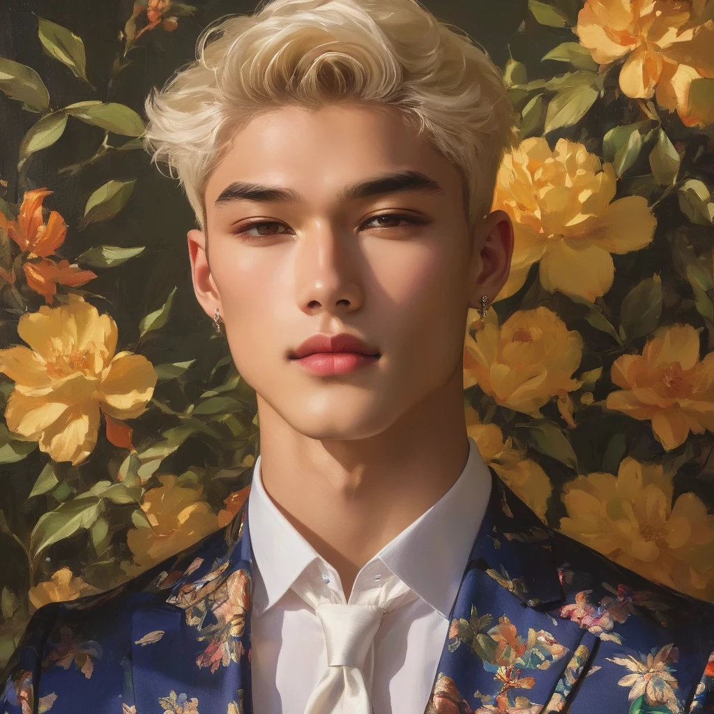 Candid Vogue fashion editorial shot of mixed of Thai male supermodel, 22 year old, short platinum blonde hair, masculine appearance with slender physique, symmetric face, natural olive skin tone, exudes youthfulness and athleticism, he is very photogenic, Position against an ornate dark background featuring a framed floral painting wallpaper to add depth and richness to the scene, (He wears a luxurious white and rainbow patterned suit whit short pants), semi hard bulge, expression is serene and slightly introspective, with a soft confident gaze directed slightly off-camera, Utilize natural soft lighting streaming in from a window, casting gentle highlights and shadows that accentuate the contours of his face and the texture of his outfits, The light creates a warm intimate atmosphere with a golden tone that enhances his skin, The interplay of light and shadow adds depth and dimension to the scene, slightly blurred focus background, bringing into sharp clear detail while the rich tones of the background enhance the overall opulence of the image. Capture full-body short, dynamic angle, using a Canon EOS R7 and Sigma AF 85mm F1.4 EX DG HSM lens by Thomas Synnamon, Employ a shallow depth of field to focus on his face and body, Draw inspiration from high-fashion photographer, emphasize detail, texture and a sophisticated luxurious atmosphere, Emphasize the golden warm lighting and its effect on enhancing his features and the rich textures, creating a visually captivating and elegant portrait that exudes warmth and sophistication, The overall mood blend the classical elegance of the modern, high-fashion aesthetic, producing an image that feels both timeless and contemporary, raw photo, masterpiece, best quality, Correct body structure, Correct photo distance, LGBTQ,