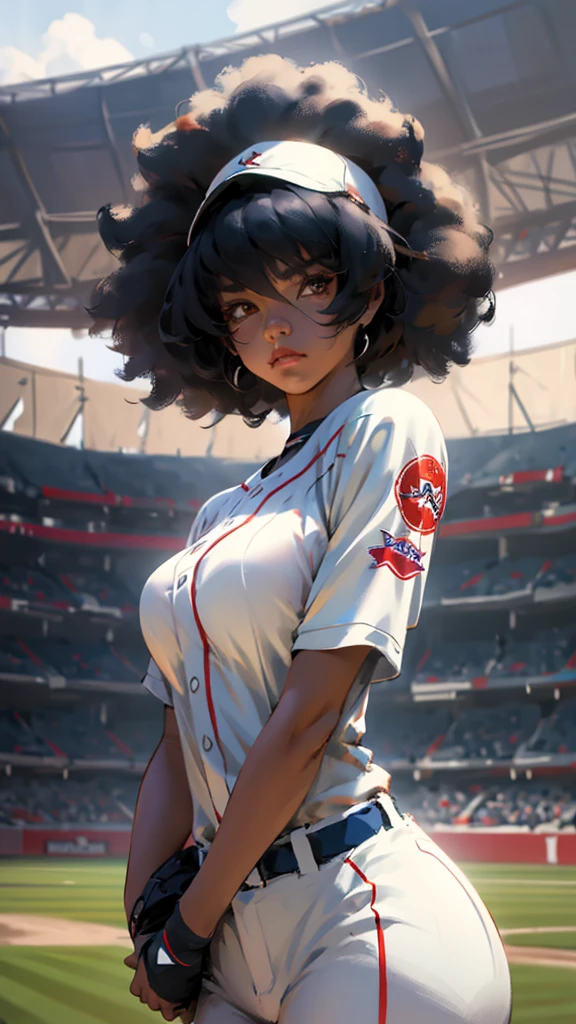 Baseball uniform、Large 、Upper Body、Subjective、Glare、Afro-American、Girl、Stadium、Black Hair、Tan Skin、Shortcuts。