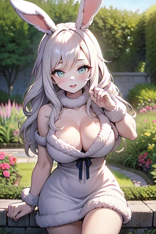 hairy, fur, two-toned fur, detail, Large Breasts,
frilly dress,Cleavage,Sexy pose,The cheeks are flushed,rabbit,garden