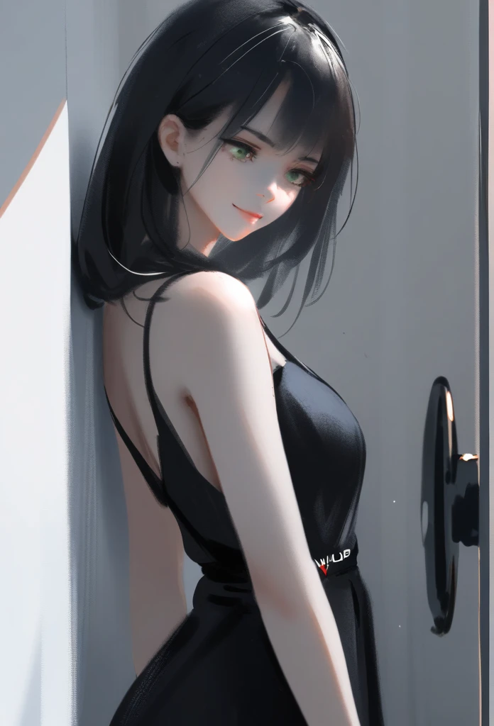 1girl, solo, wlop,
Long black hair, pale skin, green eyes, black dress, subductive smile
Background; leaning against door
Masterpiece, best quality