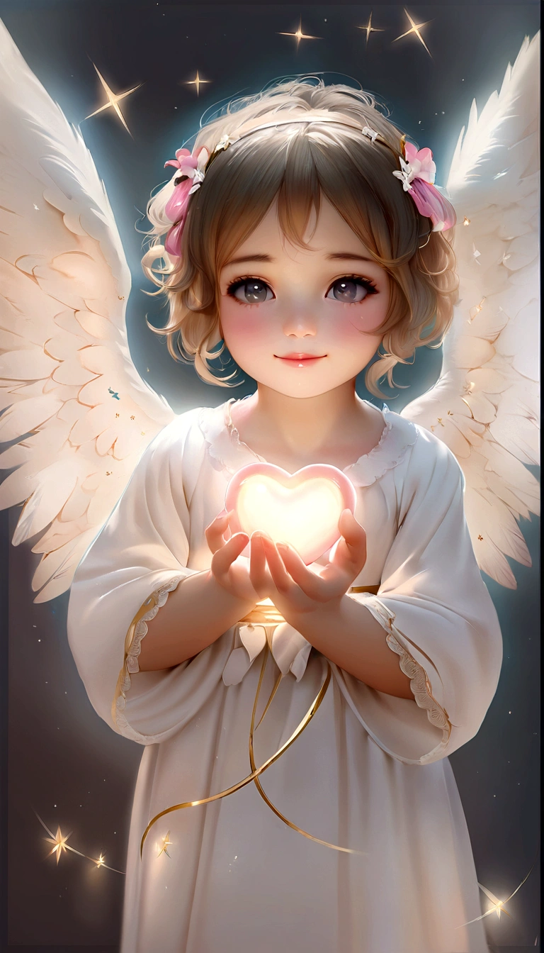 She is holding a heart-shaped object in her hand., of an beautiful Angel girl, beautiful Angel, Adorable digital painting, beautiful Angel girl portrait, of beautiful Angel, glowing Angelic being, Angel girl, portrait of a beautiful Angel, Beautiful digital art, Angelical, Cute and detailed digital art, Angelic light, girl with Angel wings, Cute digital art, Angel