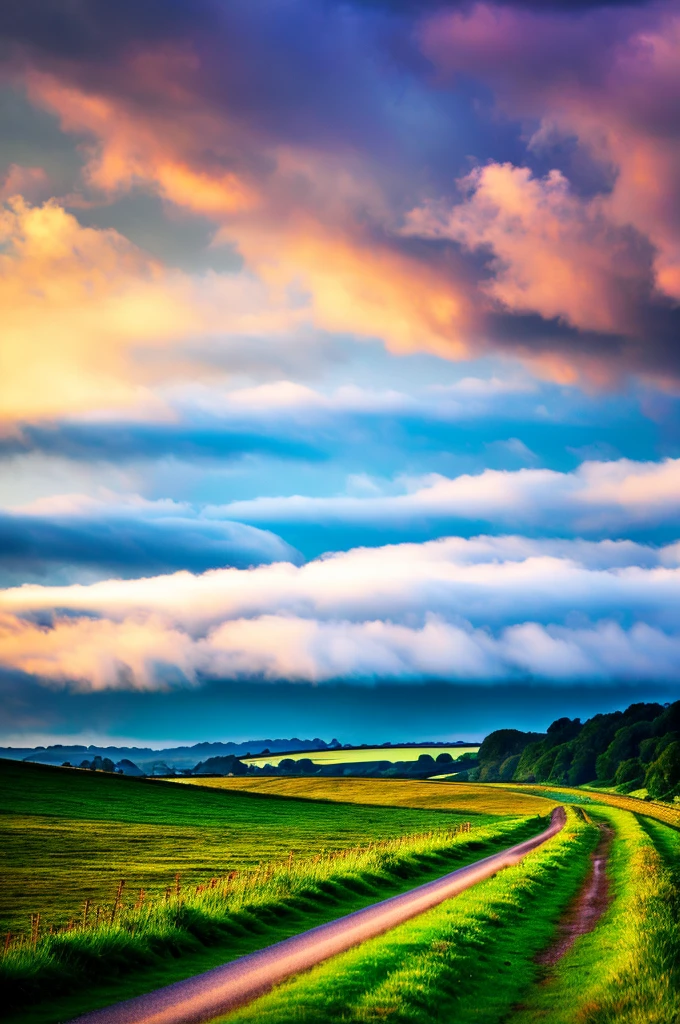 Original landscape，Sky and clouds，Tyndall effect，A country road，Colorful hot air balloon，High quality desktop wallpaper, Verdant forest, Detailed field properties, Beautiful English countryside, Stunning scenery, Rolling Hills, Landscape Wallpaper, Lush countryside, Green forests, Stunning scenery, Green fields in the background, High quality wallpaper, Beautiful wallpapers，Ultra high quality，Ultra HD，Ultra-high resolution