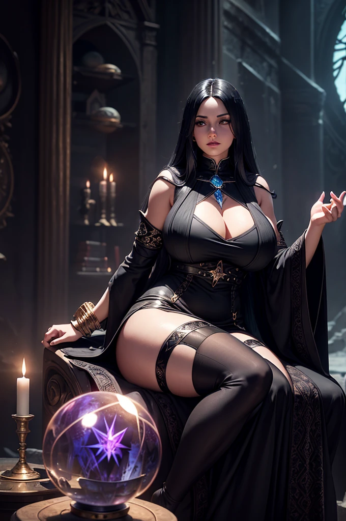 Curvy sorceress with long raven hair, wearing a flowing black dress and thigh-high stockings, sitting on a crystal ball in a dark tower, surrounded by ancient grimoires and mystical artifacts, magical atmosphere, 3D render, photorealistic.