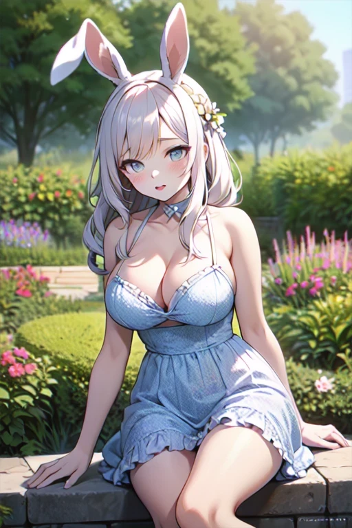 hairy， detail, Large Breasts,
frilly dress,Cleavage，Sexy pose，The cheeks are flushed，rabbit，garden