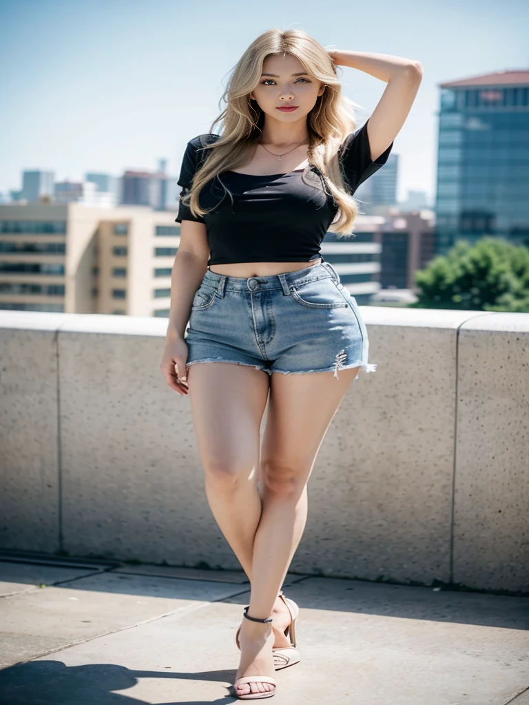 a hot woman, natural makeup, long wavy blonde hair, (perfect body, big hips, braless, model, armpit), (casual pink tight shirt with rounded-neck short-sleeve), (ripped denim short), high heels, stilettos, daylight at rooftop, skypercity background, dynamic light, depth of field, dynamic angle, candid, full body