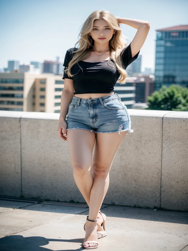 a hot woman, natural makeup, long wavy blonde hair, (perfect body, big , , model, armpit), (casual pink tight shirt with rounded-neck short-sleeve), (ripped denim short), high heels, stilettos, daylight at rooftop, skypercity background, dynamic light, depth of field, dynamic angle, candid, full body