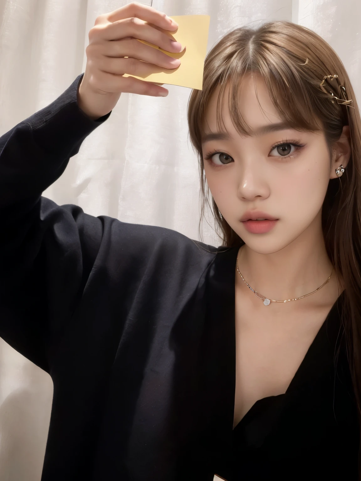 There is a woman holding a piece of paper in her hand, lalisa manobal, Lalisa Manoban of Blackpink, jossi de blackpink, nodded, portrait of jossi de blackpink, taken in the early 2020s, profile picture, with bangs, profile picture, roseanne park by blackpink, Jisoo from Blackpink