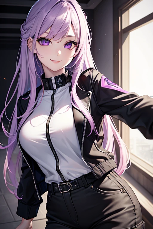 One beautiful young woman, light purple hair, long slightly waved and combed to one side, purple eyes, sharp eyes, eyeliner, pretty smile, pale skin, extremely beautiful, kind, sweet, White, black jacket, black cargo pants, anime realism style, portrait, vibrant lighting, color palette: light purple and black, (best quality, 4k, 8k, highres, masterpiece:1.2), ultra-detailed, realistic:1.37