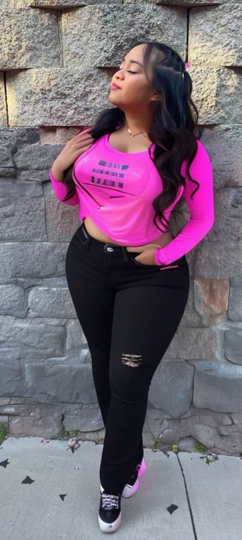 a woman in a pink shirt and black pants standing in front of a stone wall, hot pink and black, pink and black, neon pink and black color scheme, tight outfit, pink body, lorena avarez, alanis guillen, marischa becker, pink clothes, full body shot close up, hot pink, some pink, photograph of a techwear woman, beautiful girl, big ass, bbw, thick, thick thighs, wide hips, bbw, big , falling out the side, thick nipples, large areola, filipina, cute, chubby stomach, nipples poking out, tan skin, from front, muffin top, thick belly, oily, naked