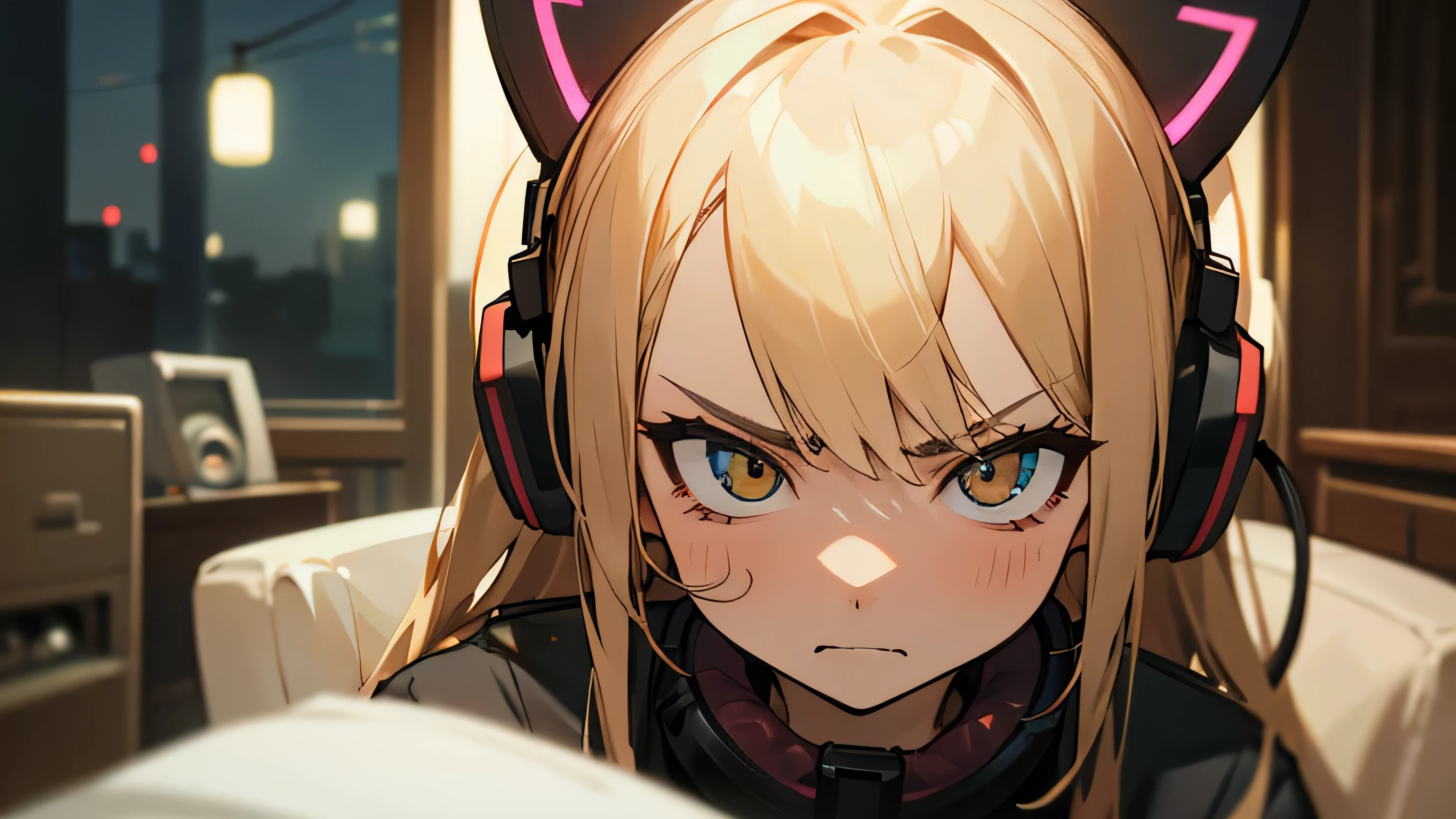 Room with speakers、Cat with headphones、Face close-up、night、Blonde、angry、Sitting in a chair