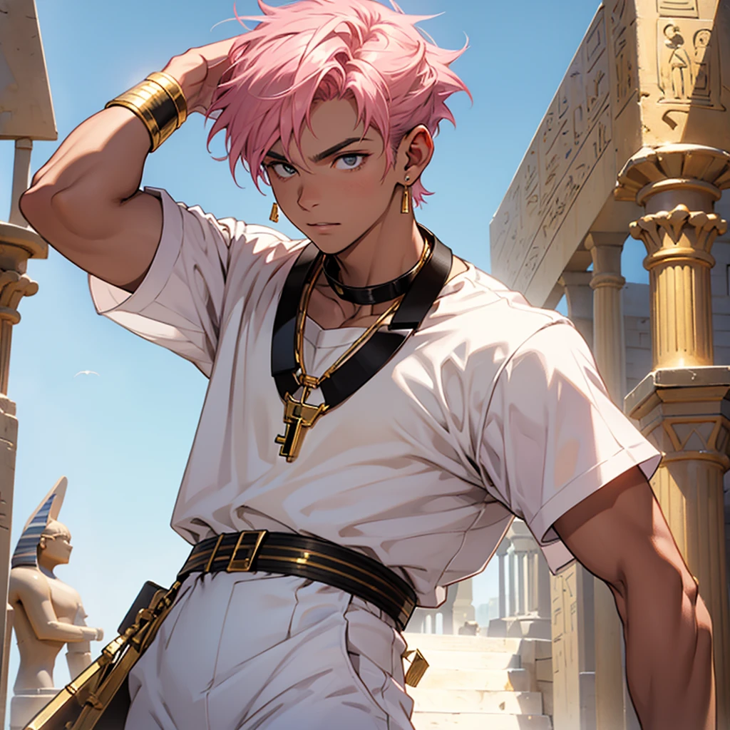 The hero with short pink hair, adolescent, white outfit, gold and black. Wears an Egyptian gold key around his neck