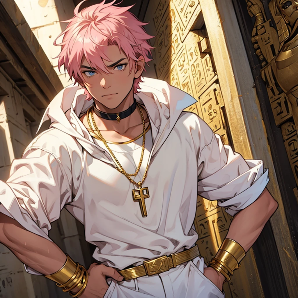 The hero with short pink hair, adolescent, white outfit, gold and black. Wears an Egyptian gold key around his neck