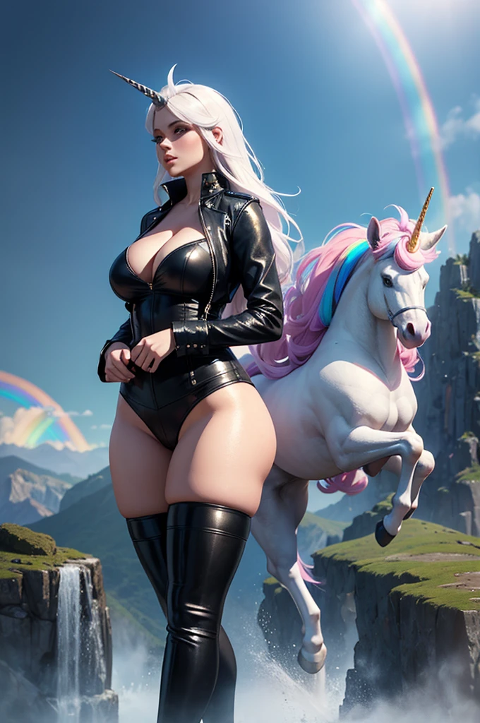 Curvy girl wearing a leather outfit and thigh-high stockings, standing beside a white unicorn in a rainbow-filled landscape, surrounded by mystical creatures, adventurous atmosphere, 3D render, photorealistic.