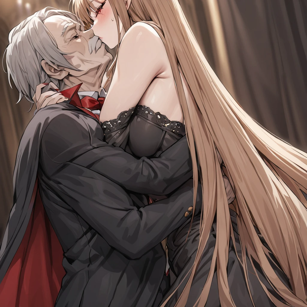 ((Highest quality)), ((masterpiece)), (detailed), （Perfect Face）、The woman is Yuuki Asuna, with medium-long brown hair, a gorgeous jeweled black dress and a vampire cloak, and is embracing and kissing the dignified old man Count Dracula.