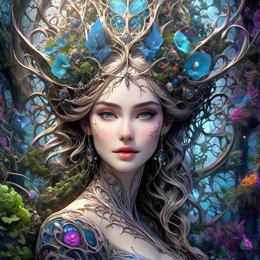 ((plano general, whole body:1.5)), (tangled, datura, fractal, lattice), (surreal fractal art:1.3), (mechanical bioluminescent elf princess:1.5), (Very detailed, 8k, beautiful epic dramatic scene), (photorealistic, cinematic lighting, dramatic, impressive composition), (awesome colors, Vibrant, bright), (from another world, ethereal, mystic)