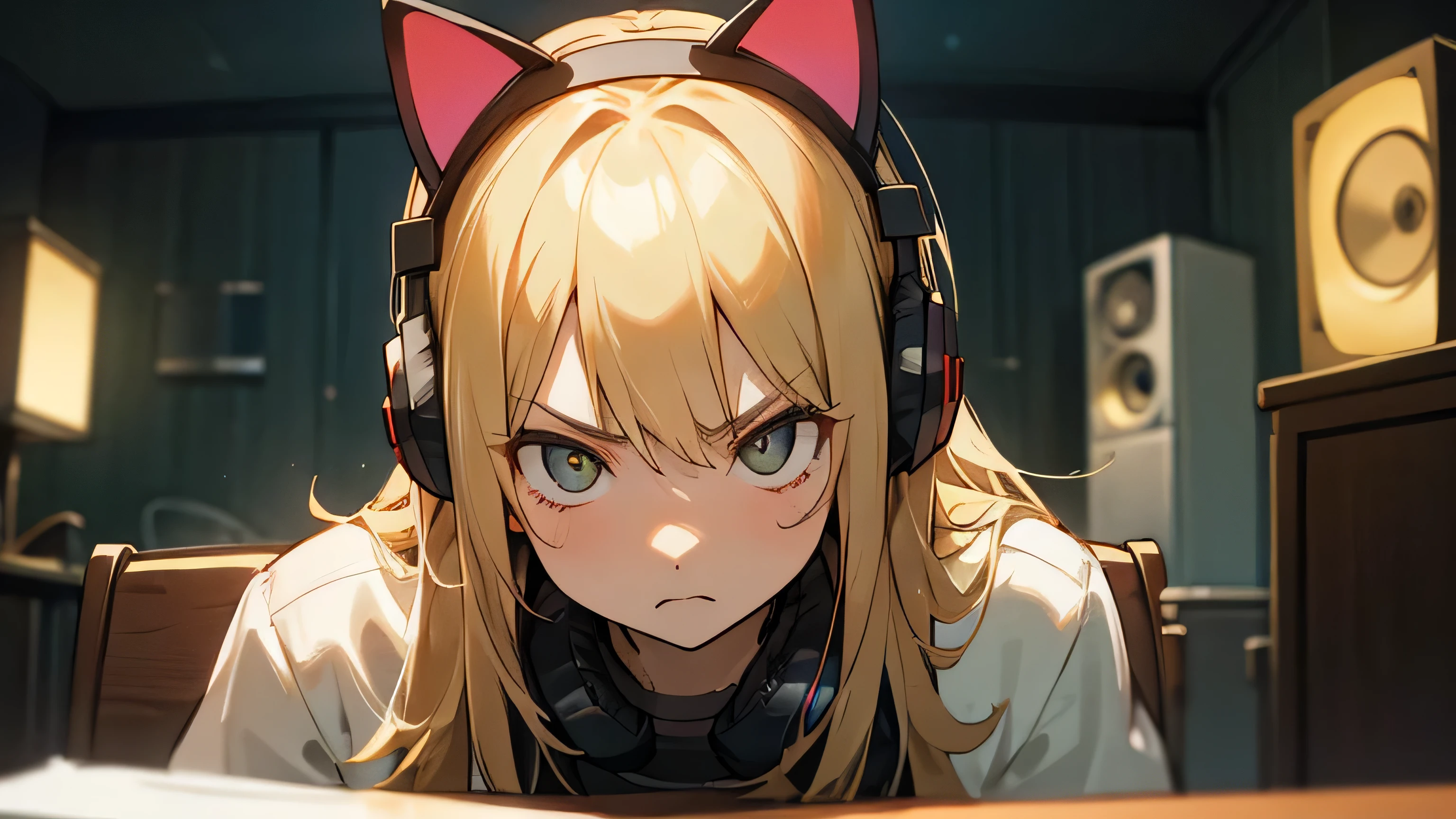 Room with speakers、Cat with headphones、Face close-up、night、Blonde、angry、Sitting in a chair