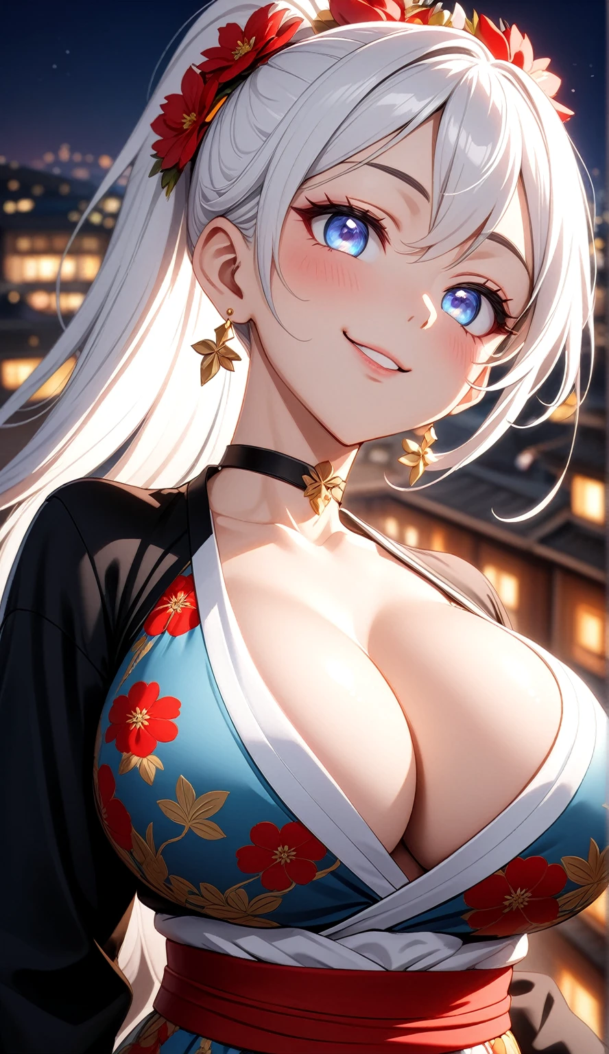 ((One personの女性)), Beautiful Face, (head tilt:1.5), ((seductive smile)),((Wink:1.9)), Laugh with your mouth wide open,((Bright red cheeks:1.4)),Shiny red lips,night,rooftop,You can see the ocean, firework,Laughing with your mouth open,Glossy pink lips,Facial lighting,((Anime style background)),masterpiece, Highest quality, so beautiful,up to date, Complex details, (Pink long nails),(ring),(bracelet),(choker),AI-generated, Complex,High resolution, Highest quality, super high quality,3D Images、3D Images,One person,Long white hair,High Ponytail,(blue eyes),Anime woman posing for a photo, ((Narrow eyes、Silvery white colorful eyes、Shining Eyes:1.3)),(Squint your eyes:1.1),a hyperRealistic , hyperRealistic , Realistic,Anime woman with long white hair, Smooth anime CG art, A woman in a colorful kimono with gold embroidery, (Black long sleeve kimono),Red floral pattern,Long flower hair ornament,Earrings, Body,(Big Brexpensive,Abdominal muscles,Tight waist,(Zoom up to face:1.7),Shooting from diagonally below