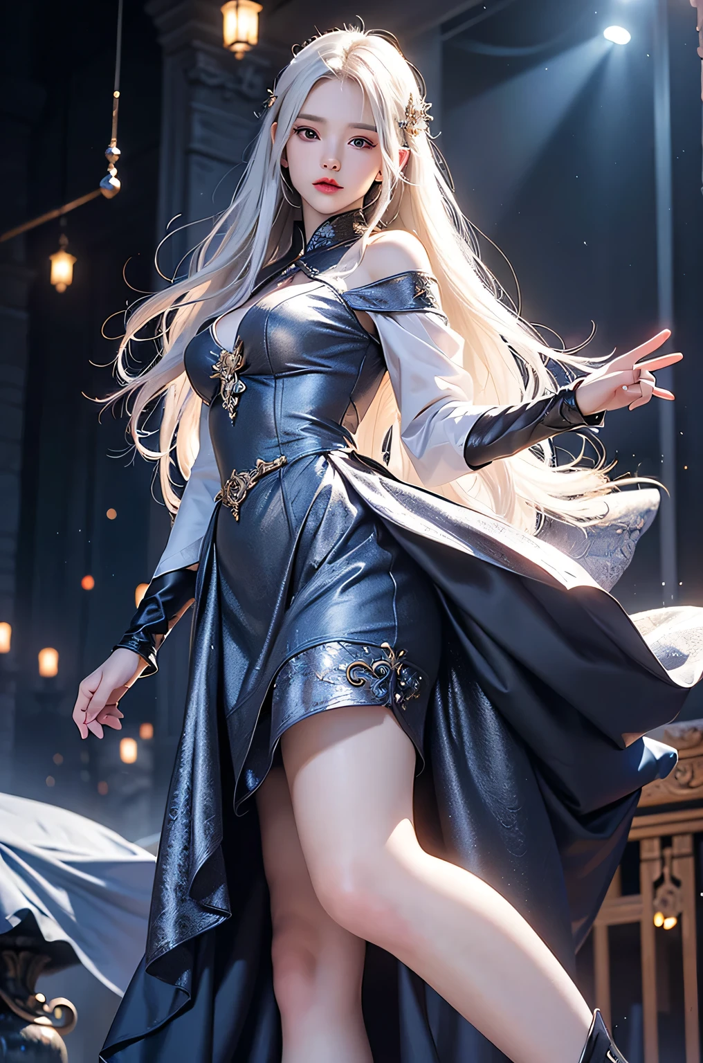 ((masterpiece:1.5,Highest quality,Highly detailed images,Beautiful images、Realistic、Photorealistic、2.5D))(1girl, solo)(medium , white hair, black eyes, Healthy legs、Tight ass、Beautiful cleavage)(Fantasy dresses、Fantasy Clothes、Battle Dress from Another World、Deep slit)(wind, floating hair)(Inside the castle、Audience Chamber）
