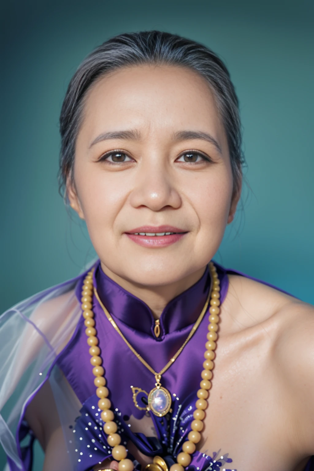 Highly realistic photo, ((masterpiece), (best quality), (raw photo), (photorealistic:1.4), Portrait of a 85 year old Vietnamese woman, wearing a purple velvet Vietnamese aodai and a black scarf on her head, ((gray hair)), gold necklace and beaded necklace, (light blue background) , photo taken by Sony A7IV
