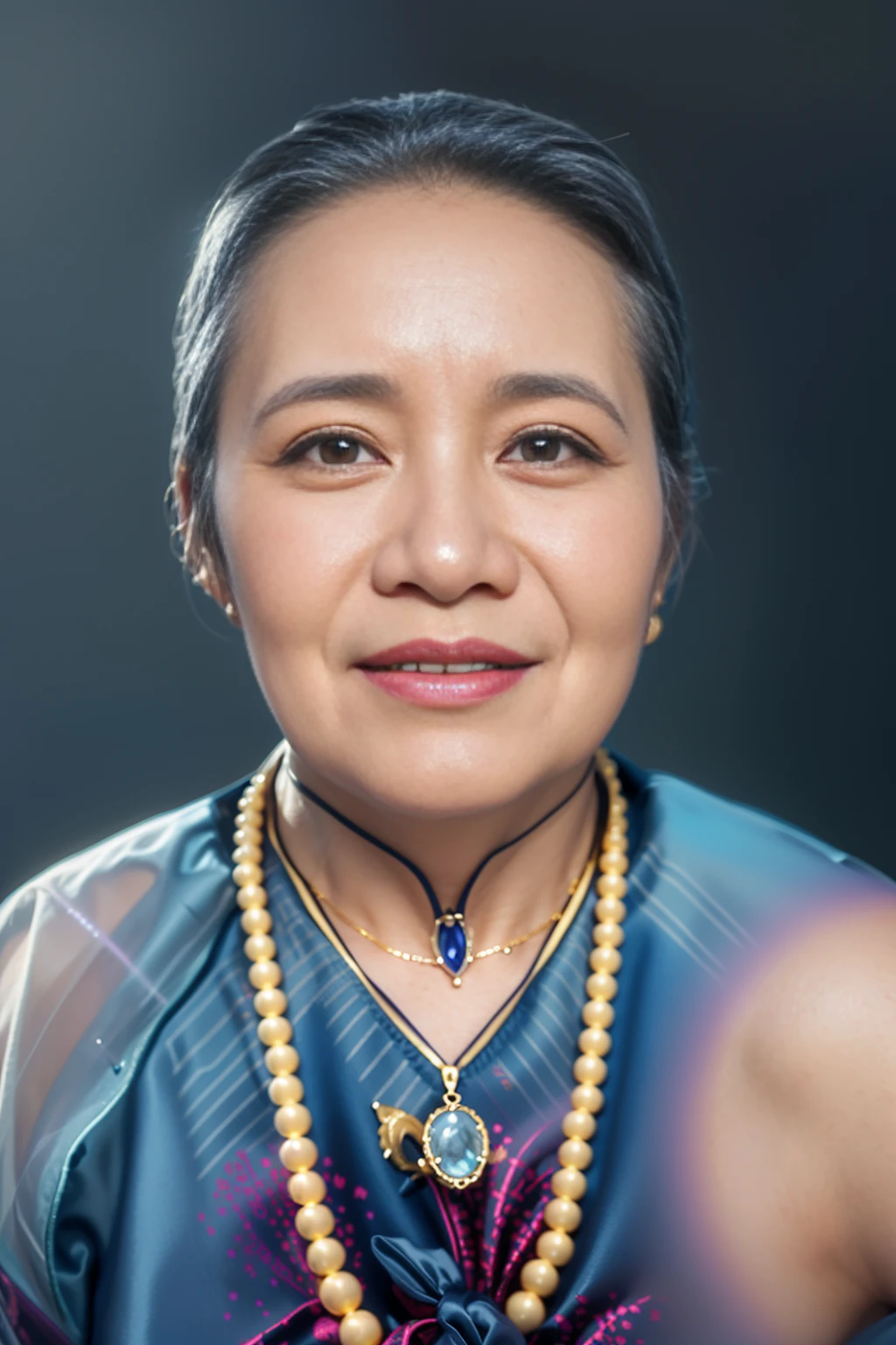 Highly realistic photo, ((masterpiece), (best quality), (raw photo), (photorealistic:1.4), Portrait of a 85 year old Vietnamese woman, wearing a purple velvet Vietnamese aodai and a black scarf on her head, ((gray hair)), gold necklace and beaded necklace, (light blue background) , photo taken by Sony A7IV
