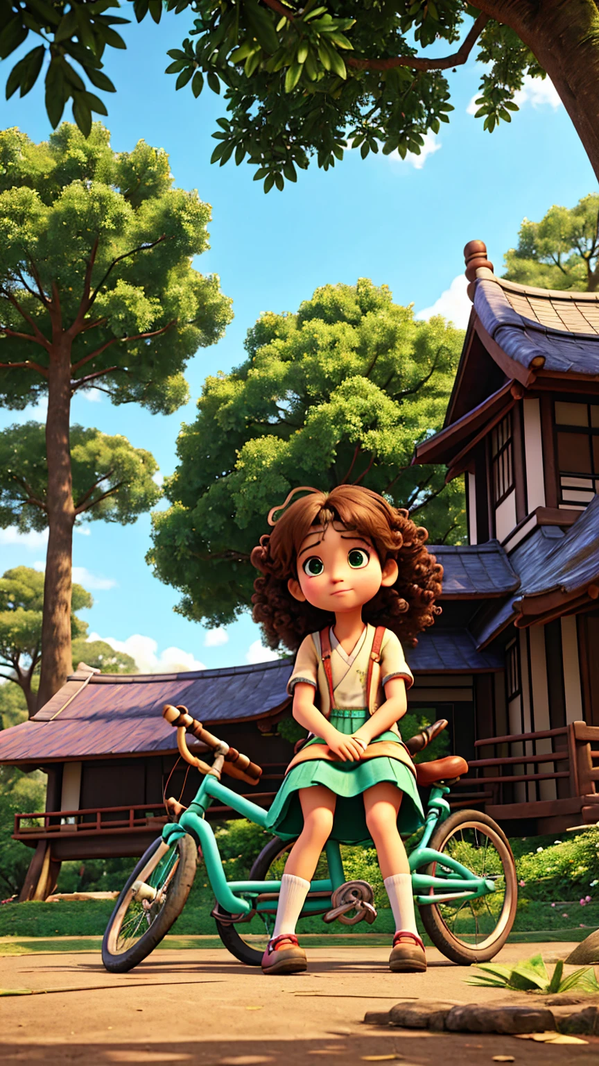 Create a Japanese anime-style scene in the same small, sunny town park. It’s still a bright, clear day with the same fluffy clouds in the sky. The scene features a young girl named Mia, around 8 years old, sitting next to her broken bicycle. Mia has curly hair and big, expressive eyes. She is dressed in colorful, playful clothes.
Mia looks dejected, with her bicycle lying on its side beside her. The background includes the same lush green trees and colorful flowers from the previous scene, maintaining consistency. A few park-goers are visible in the distance, continuing to enjoy their day. The atmosphere remains peaceful, but with a touch of concern on Mia’s face as she stares at her broken bicycle.
Please ensure the style is consistent with traditional Japanese anime, with bright colors, expressive characters, and detailed backgrounds.