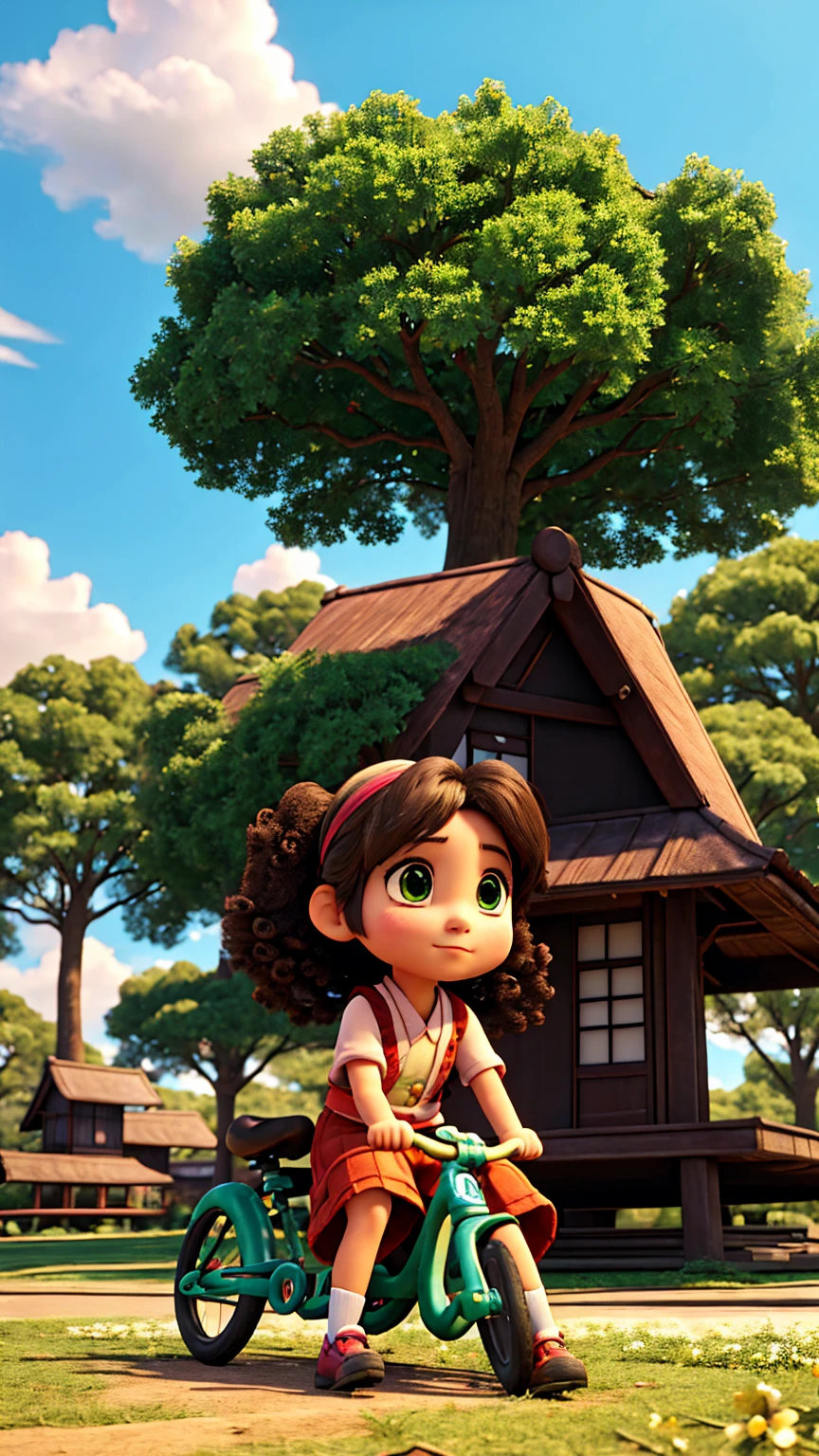 Create a Japanese anime-style scene in the same small, sunny town park. It’s still a bright, clear day with the same fluffy clouds in the sky. The scene features a young girl named Mia, around 8 years old, sitting next to her broken bicycle. Mia has curly hair and big, expressive eyes. She is dressed in colorful, playful clothes.
Mia looks dejected, with her bicycle lying on its side beside her. The background includes the same lush green trees and colorful flowers from the previous scene, maintaining consistency. A few park-goers are visible in the distance, continuing to enjoy their day. The atmosphere remains peaceful, but with a touch of concern on Mia’s face as she stares at her broken bicycle.
Please ensure the style is consistent with traditional Japanese anime, with bright colors, expressive characters, and detailed backgrounds.