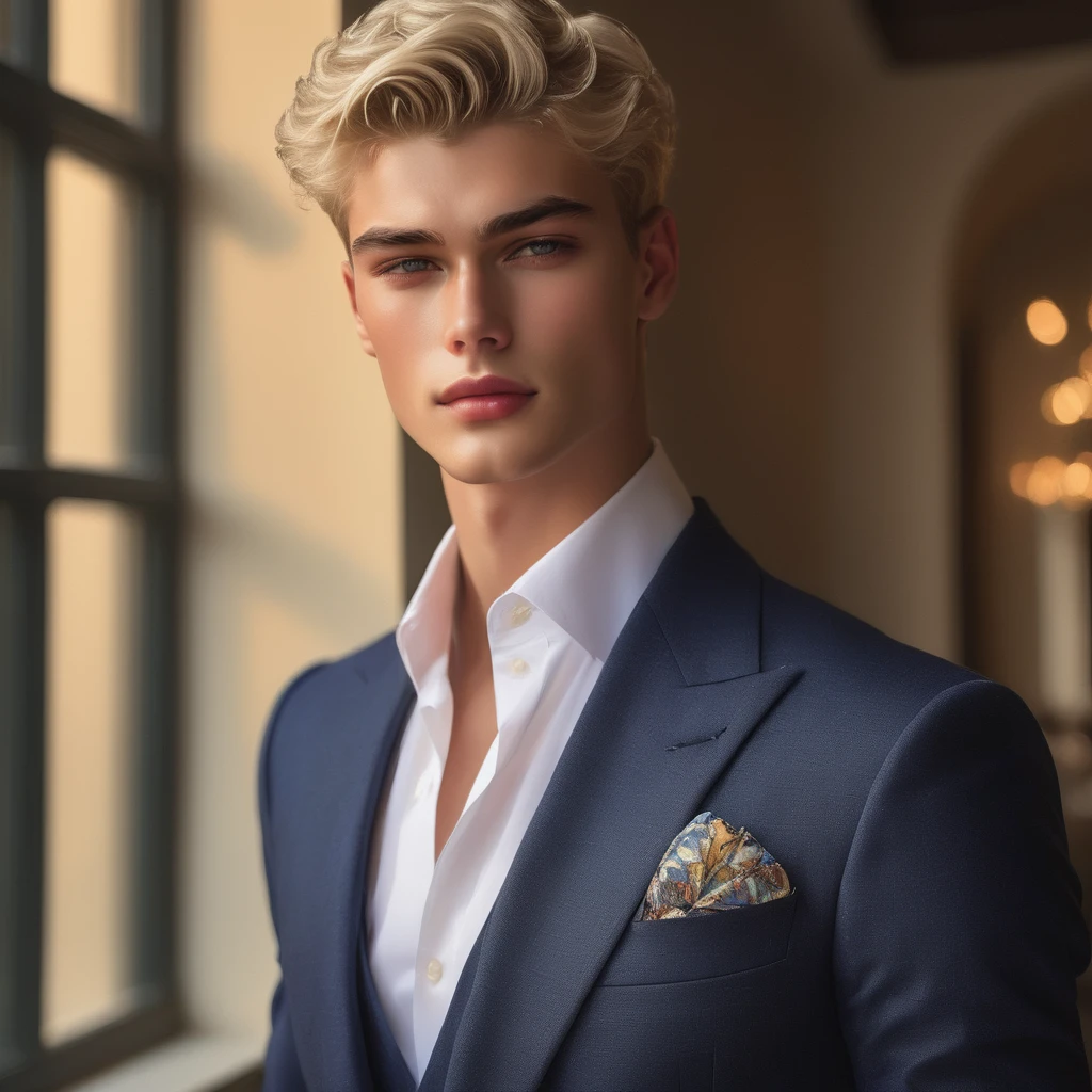 Candid Vogue fashion editorial shot of mixed of male supermodel Sean O’Pry and Lucky Blue Smith, 22 year old, short platinum blonde hair, masculine appearance with slender physique, symmetric face, natural olive skin tone, exudes youthfulness and athleticism, he is very photogenic, Position against an ornate dark background featuring a framed floral painting wallpaper to add depth and richness to the scene, (He wears a luxurious white and rainbow patterned suit whit short pants), semi hard bulge, expression is serene and slightly introspective, with a soft confident gaze directed slightly off-camera, Utilize natural soft lighting streaming in from a window, casting gentle highlights and shadows that accentuate the contours of his face and the texture of his outfits, The light creates a warm intimate atmosphere with a golden tone that enhances his skin, The interplay of light and shadow adds depth and dimension to the scene, slightly blurred focus background, bringing into sharp clear detail while the rich tones of the background enhance the overall opulence of the image. Capture full-body short, dynamic angle, using a Canon EOS R7 and Sigma AF 85mm F1.4 EX DG HSM lens by Thomas Synnamon, Employ a shallow depth of field to focus on his face and body, Draw inspiration from high-fashion photographer, emphasize detail, texture and a sophisticated luxurious atmosphere, Emphasize the golden warm lighting and its effect on enhancing his features and the rich textures, creating a visually captivating and elegant portrait that exudes warmth and sophistication, The overall mood blend the classical elegance of the modern, high-fashion aesthetic, producing an image that feels both timeless and contemporary, raw photo, masterpiece, best quality, Correct body structure, Correct photo distance, LGBTQ,