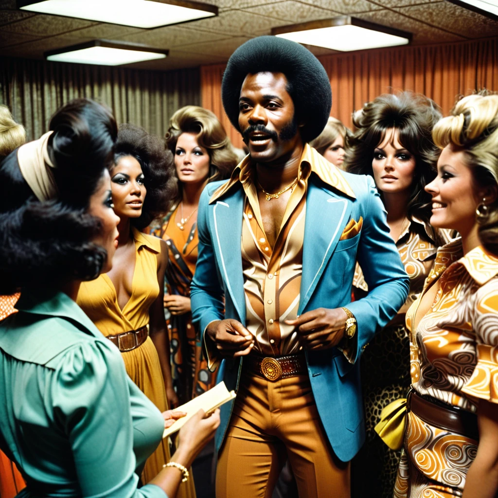 1970s photo of an african-american man wearing 1970s attire, he is telling beautiful women to leave him alone, cinematic action, atmospheric perspective 