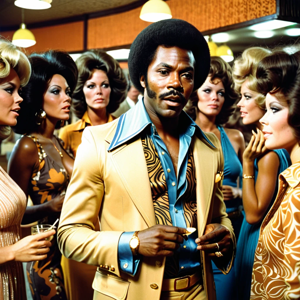 1970s photo of an african-american man wearing 1970s attire, he is telling beautiful women to leave him alone, cinematic action, atmospheric perspective 