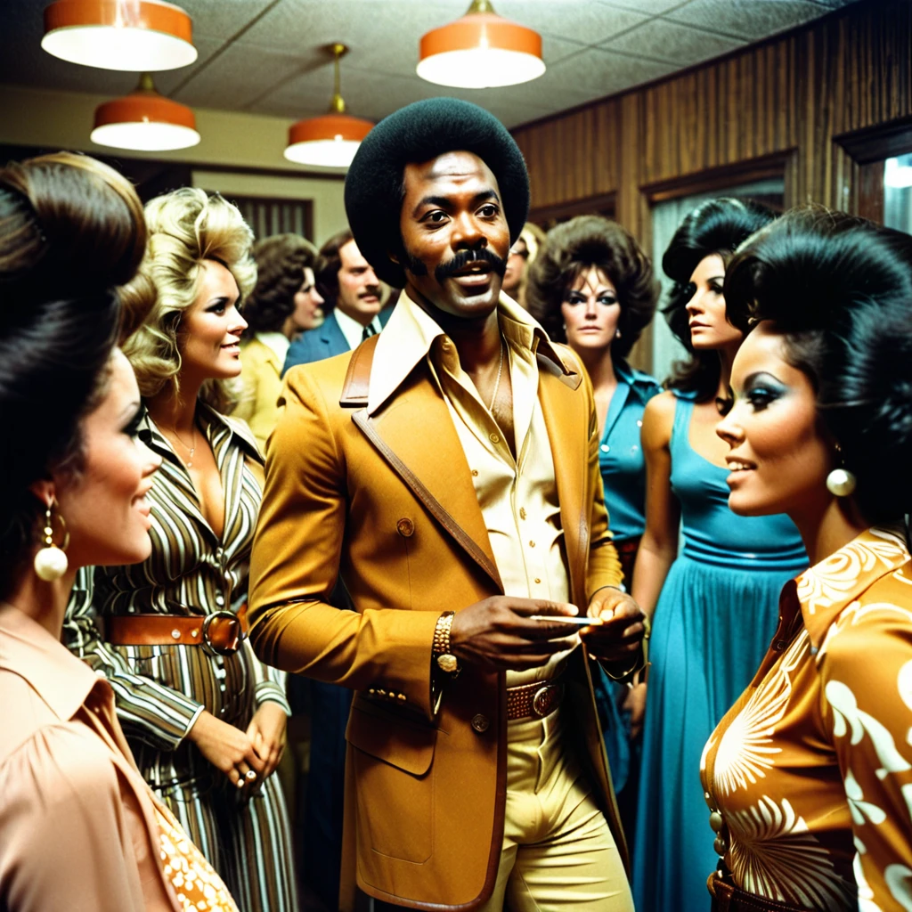 1970s photo of an african-american man wearing 1970s attire, he is telling beautiful women to leave him alone, cinematic action, atmospheric perspective 