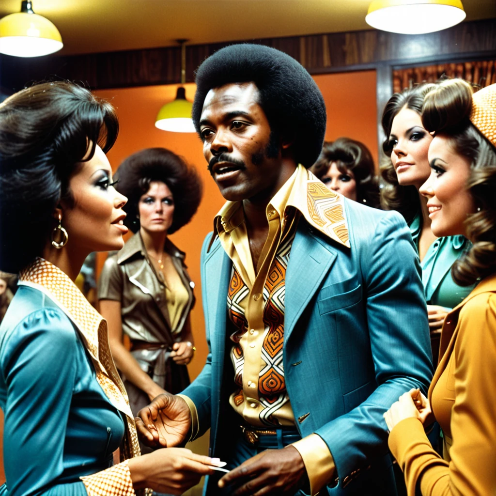 1970s photo of an african-american man wearing 1970s attire, he is telling beautiful women to leave him alone, cinematic action, atmospheric perspective 