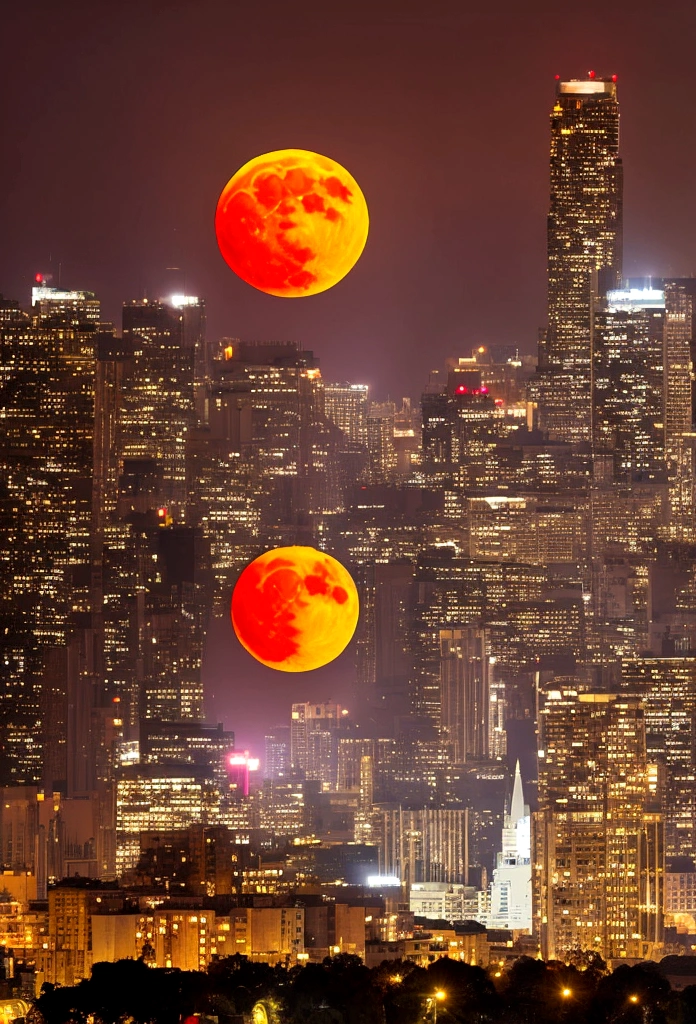 Big red moon visible from big city