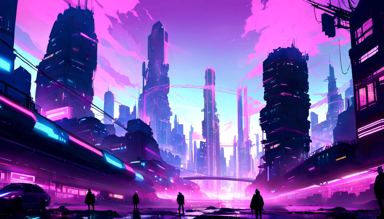 (Raw work) Cyberpunk-inspired city, Illuminated sky, Neon Light, Image seen from zero, Wide landscape, Future City