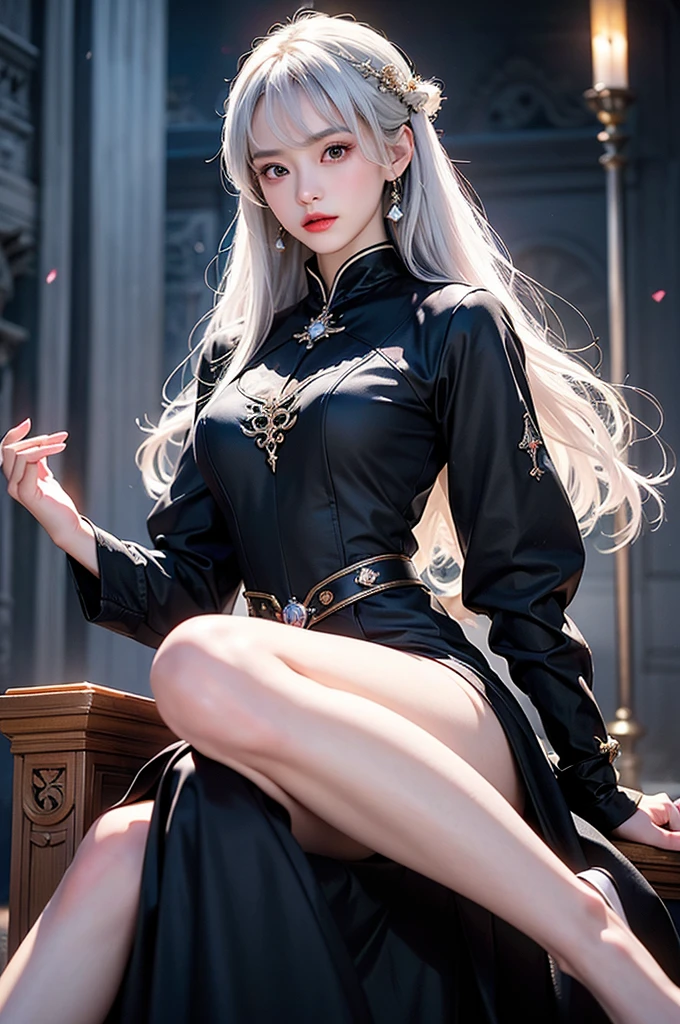 ((masterpiece:1.5,Highest quality,Highly detailed images,Beautiful images、Realistic、Photorealistic、2.5D))(1girl, 独奏)(medium breasts, white hair, black eyes, Healthy legs、Tight ass、Beautiful cleavage)(Fantasy dresses、Fantasy Clothes、Battle Dress from Another World、Deep slit)(wind, floating hair)(Inside the castle、Audience Chamber)
