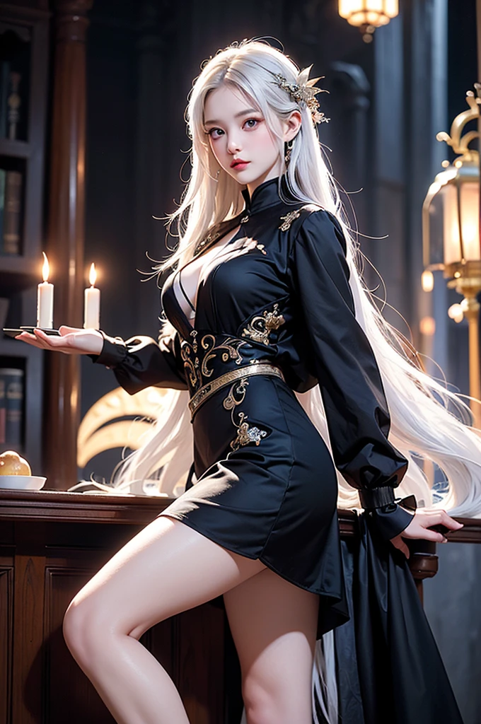 ((masterpiece:1.5,Highest quality,Highly detailed images,Beautiful images、Realistic、Photorealistic、2.5D))(1girl, 独奏)(medium breasts, white hair, black eyes, Healthy legs、Tight ass、Beautiful cleavage)(Fantasy dresses、Fantasy Clothes、Battle Dress from Another World、Deep slit)(wind, floating hair)(Inside the castle、Audience Chamber）
