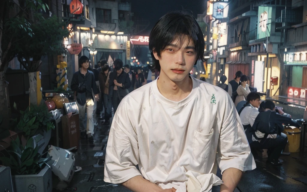 In the midst of a city at night, a young Chinese boy stands on a cobblestone street, illuminated by the soft glow of streetlights and neon signs. The sky above is a deep blue, dotted with twinkling stars, casting a serene and magical atmosphere over the scene.

His hair is straight and natural, with bangs softly brushed by a gentle breeze. His face is youthful and clean-shaven, exuding an innocent charm. He wears a simple white T-shirt that clings to his muscular frame, highlighting his well-defined pecs and strong muscles. He is dressed in shorts, which show off his athletic legs. His hands rest casually at his sides, conveying a relaxed and confident demeanor.

Behind him, the lively street is lined with shops and colorful neon lights that reflect on the wet pavement, adding a vibrant and dynamic feel to the night. People hustle and bustle, but he seems detached from the commotion. His gaze is soft and contemplative, fixed on the distant horizon, as if lost in thought. A faint smile plays on his lips, though his eyes reveal a hint of sadness and nostalgia.

The camera zooms in on his slightly parted lips, as if ready for a tender kiss. His tongue subtly traces his lips, showing a longing expression. The air is filled with a sweet aroma, making each breath taste of romance. His lips glisten slightly in the streetlight, appearing particularly inviting.