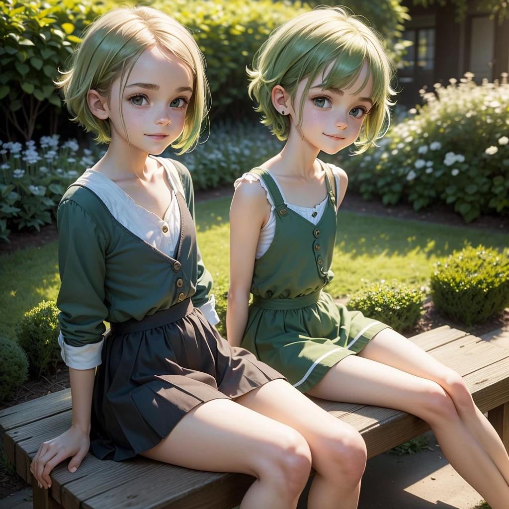 ten Emma Watson in a short dark green school pinafore dress, shaggy light green hair in bunches, cute smile, white ankle socks, slender body, garden, day, play park. (((tiny chest))), ((small , small and flat chest)), sitting on a park bench, open legs, panties