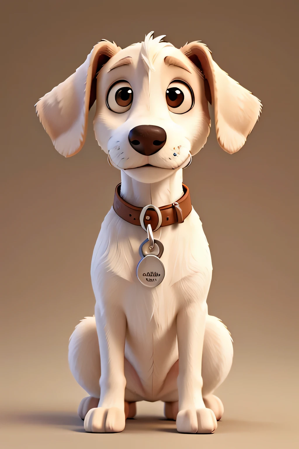 White dog, long ears, tender eyes, long muzzle, brown spot in his right eye, dachshund dog breed, posed full body Pixar style